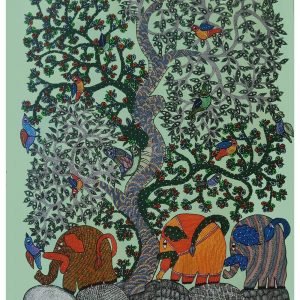 3 Elephants gond painting - Gond Canvas Painting