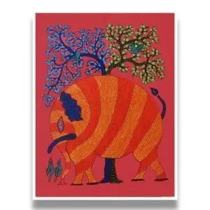 Red Elephant Gond Painting- Gond Canvas Painting