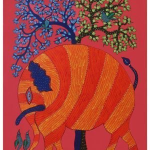 Red Elephant Gond Painting- Gond Canvas Painting