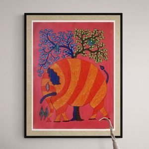 Red Elephant Gond Painting- Gond Canvas Painting