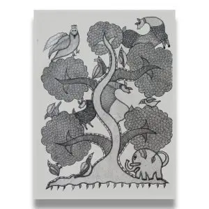 Tree Animals and Birds - Gond Canvas Painting