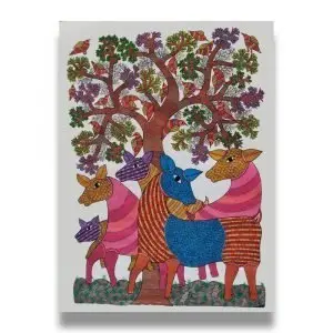 Deers Under the Tree - Gond Canvas Painting