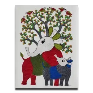 Elephant and Calf - Gond Canvas Painting