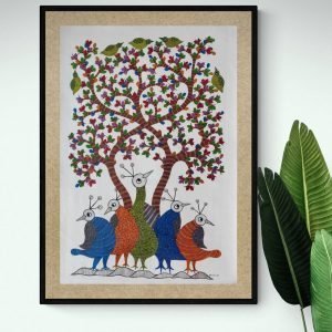 Five Birds Under the Tree - Gond Canvas Painting