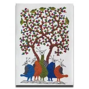 Five Birds Under the Tree - Gond Canvas Painting