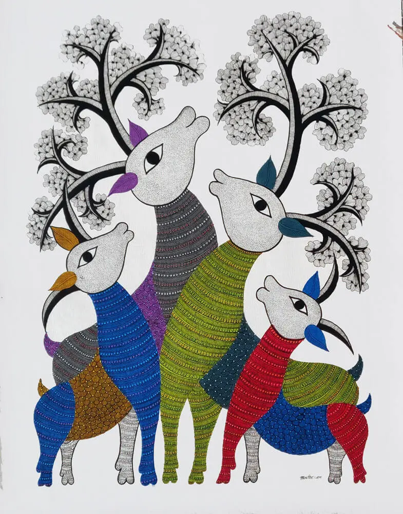 Group of Deer - Gond Canvas Painting