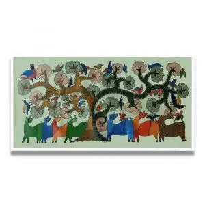 Group of Animals and Birds in Wild - Gond Canvas Painting