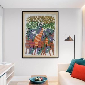 Group of Cows Under a Tree - Gond Canvas Painting