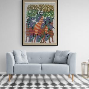 Group of Cows Under a Tree - Gond Canvas Painting