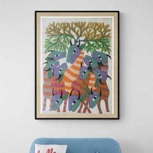 Group of Cows Under a Tree - Gond Canvas Painting