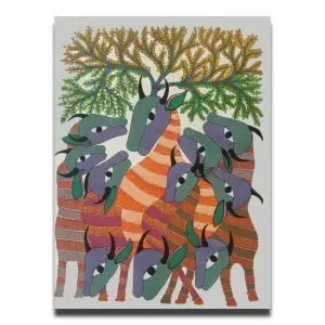 Group of Cows Under a Tree - Gond Canvas Painting