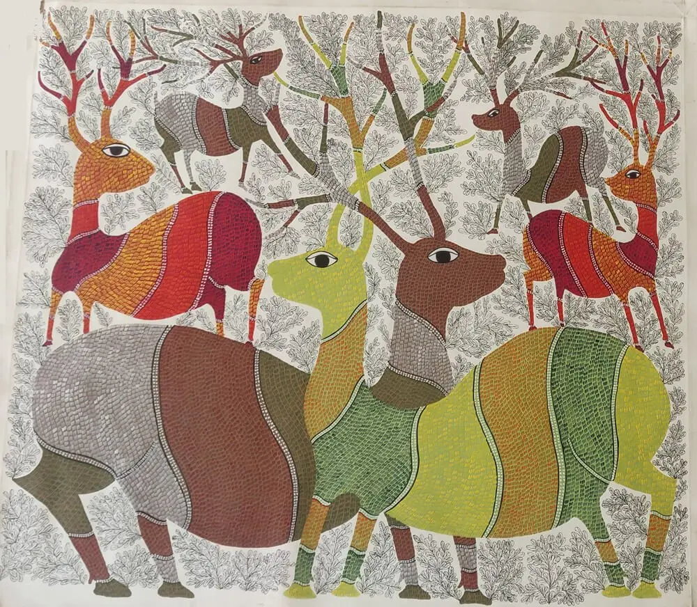 Group of Deer - Gond Canvas Painting