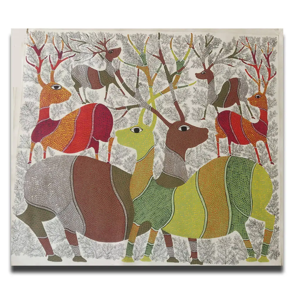 Group of Deer - Gond Canvas Painting