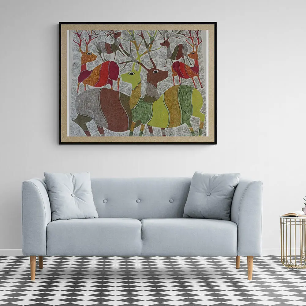 Group of Deer - Gond Canvas Painting