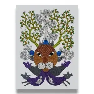 Lion Deer Trees - Gond Canvas Painting