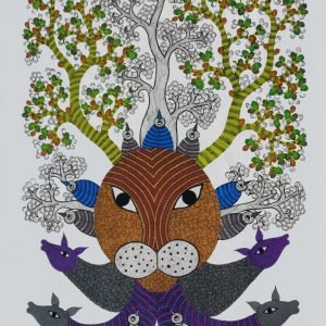 Lion Deer Trees - Gond Canvas Painting