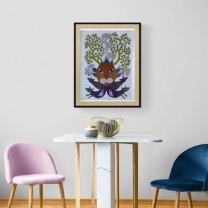 Lion Deer Trees - Gond Canvas Painting