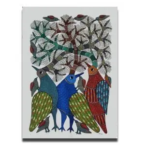 Three Birds - Gond Canvas Painting