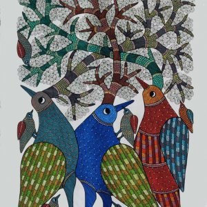 Three Birds - Gond Canvas Painting