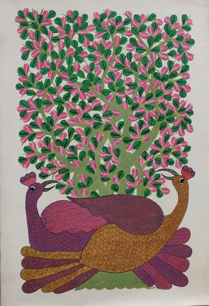 Two Peacocks - Gond Canvas Painting