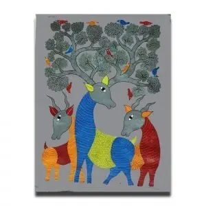 Three Deer - Gond Canvas Painting