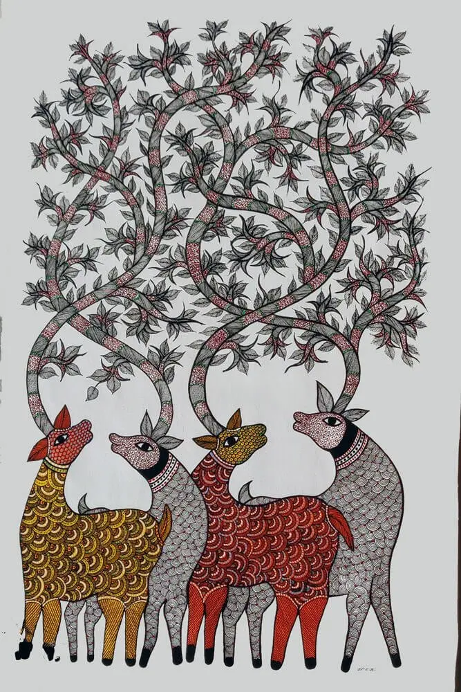 Four Deer - Gond Canvas Painting