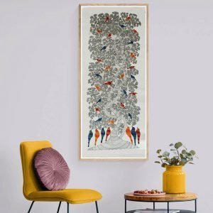 Bird resting on Tree Gond Painting