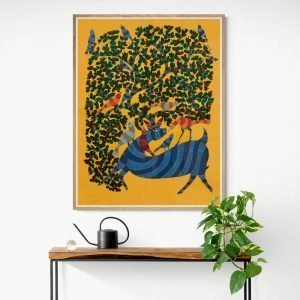 Blue deer and birds embeded in nature