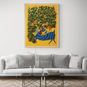 Blue deer and birds embeded in nature acrylic painting