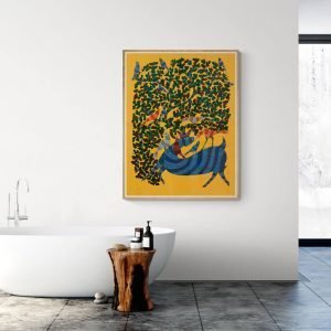 Blue deer and birds embeded in nature canvas painting