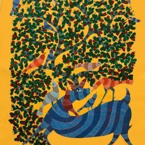 Blue deer and birds embeded in nature canvas painting