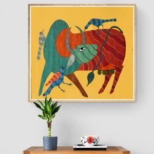 Cows and birds Gond Painting