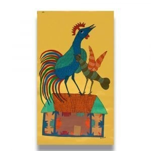 Rooster and Hen on a house Tribal Painting 1