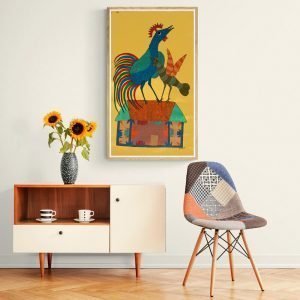 Rooster and Hen on ahouse Gond Painting