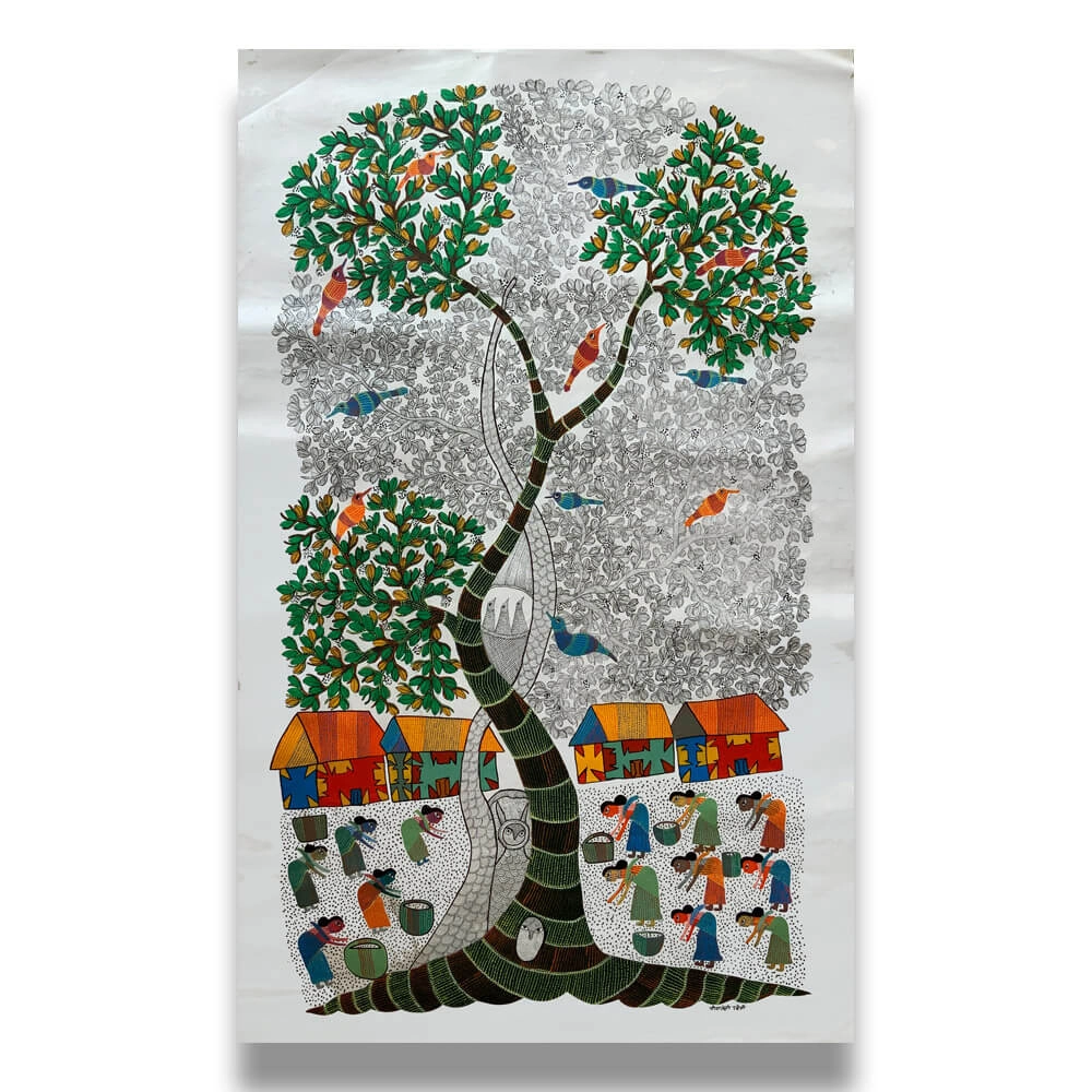 tribalwomen collecting mahua canvas painting 2