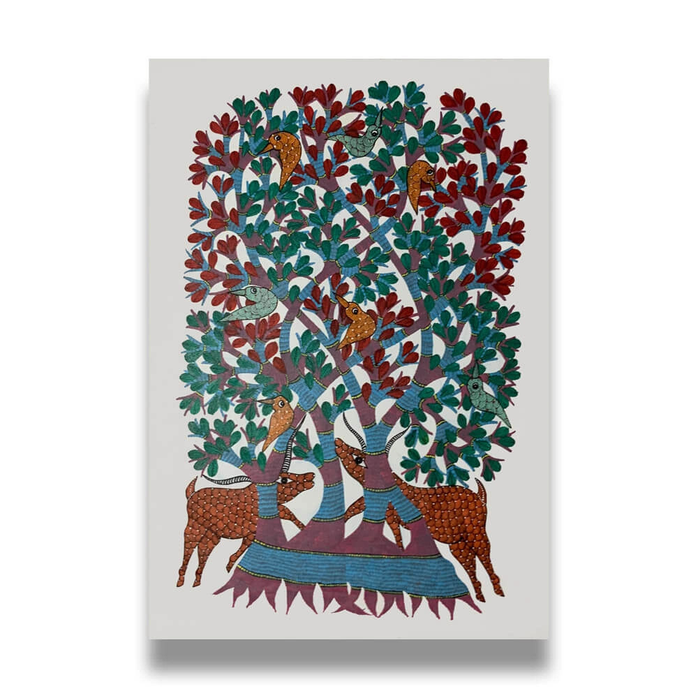Animals under a tree — Gond painting by Mahesh Shyam, dot-and-dash fill showing deer and birds under a tree