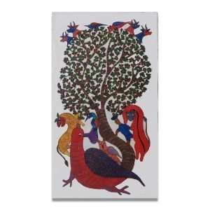 Bird surrounded by Wild animals gond art