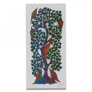 Birds playing on a tree gond art