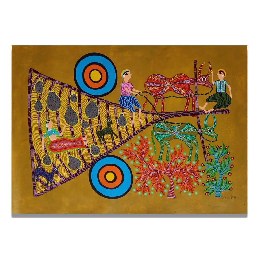 Bullock Cart and Tribal People — Bhil painting by Shanta Buria, bright ochre background with bold dot-fill sun motif