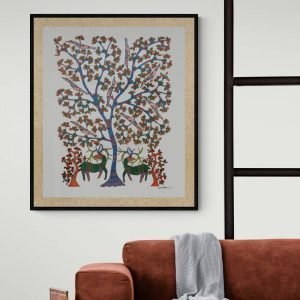 Deer and birds in forest tribal art