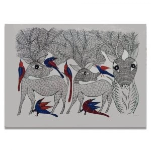 Deer family and Birds Gond Art