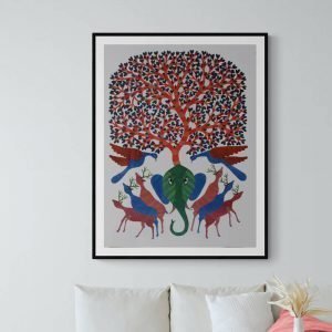 Elephant Deer and Birds Gond Painting