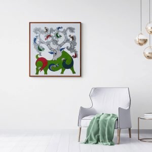 Green Deer and peacocks Canvas Painting