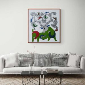 Green Deer and peacocks Gond Painting