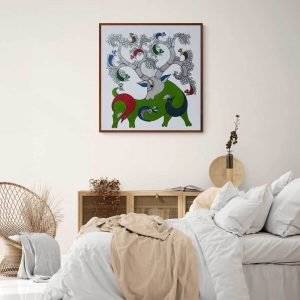 Green Deer and peacocks wall decor