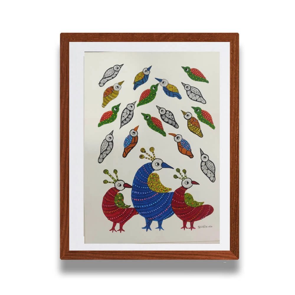 Three Birds Gond Painting