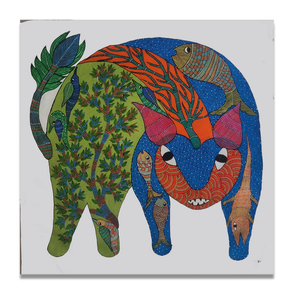 Wild Animals embed in nature gond painting