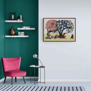 Woman Collecting mahua in forest acrylic painting