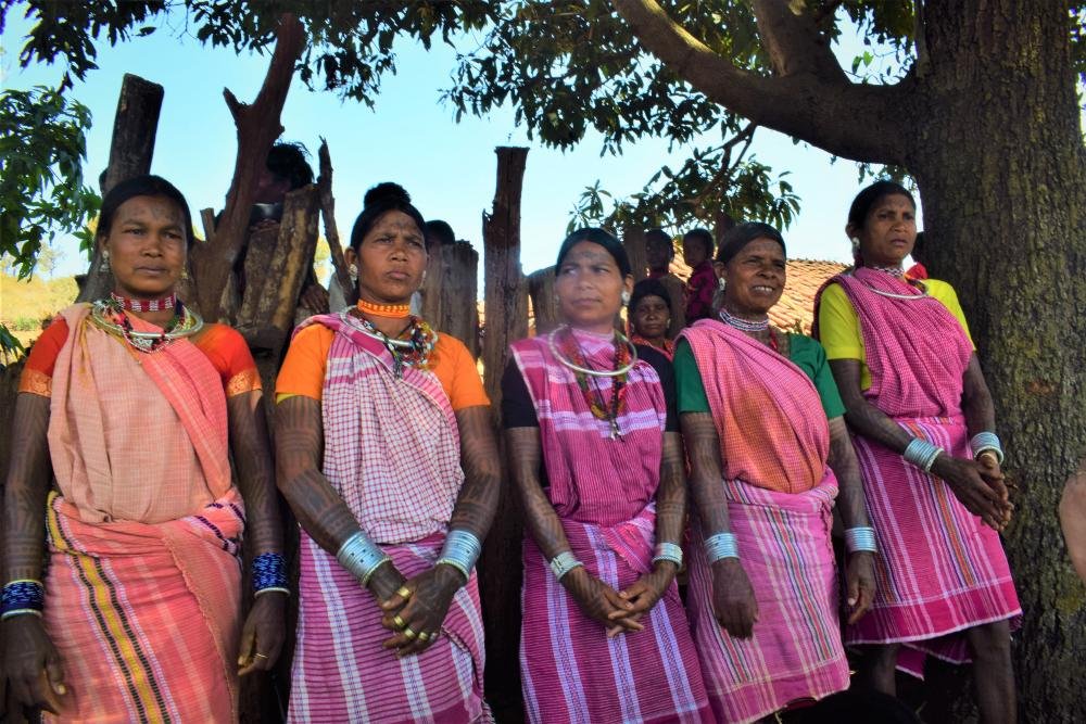 Baiga tribal women of Madhya Pradesh showing traditional Godna tattoo body art